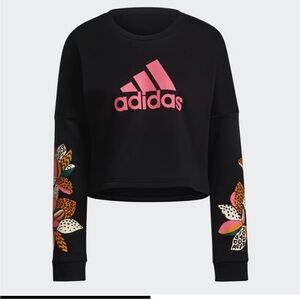 Adidas Black Cropped Sweatshirt with Pink Logo and Floral Sleeves
